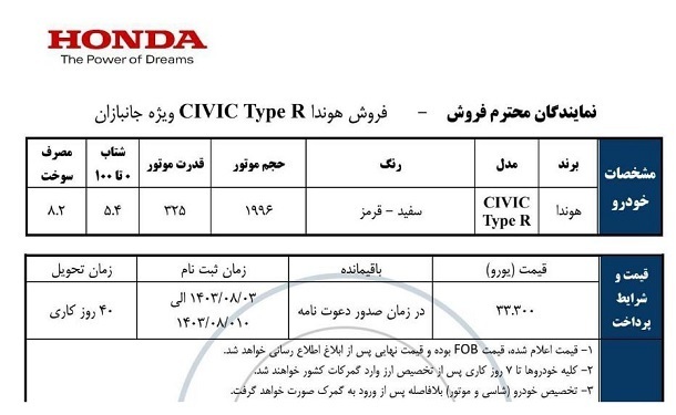 شرایط فروش هوندا سیویک تایپ R آذریوردسال ویژه جانبازان 